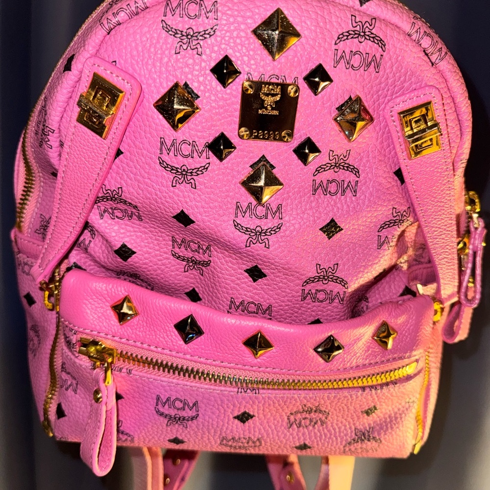 MCM Pink Leather Backpack with Gold and Black Studs with detachable clutch